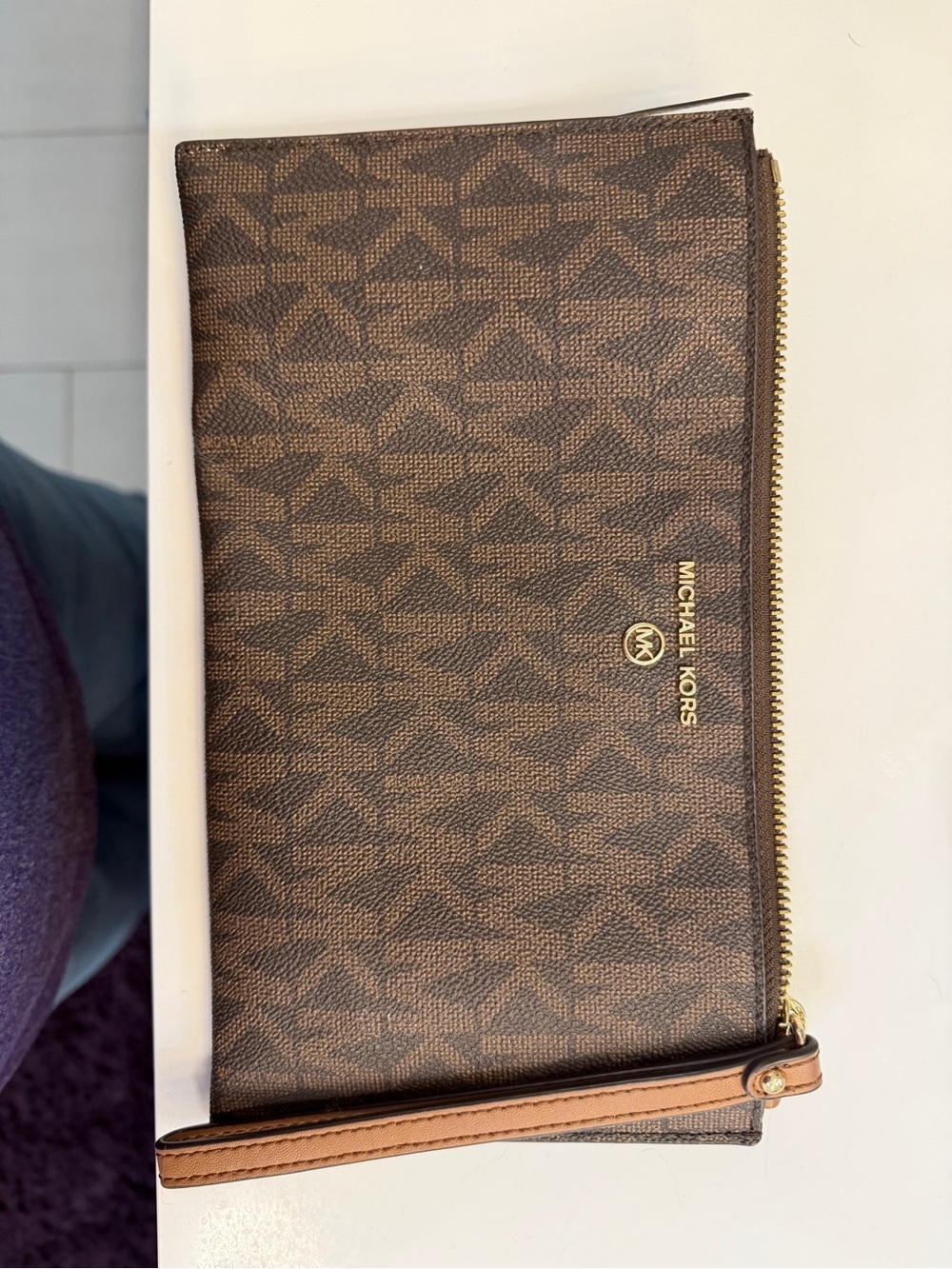 Michael Kors Brown Logo Zip Wristlet with Gold Hardware